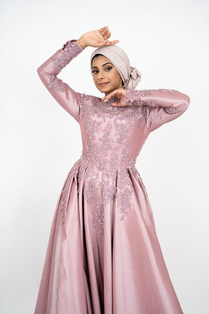 Dust Pink Islamic Muslim Arabian Wedding Dress with Long Sleeves Crew Neck