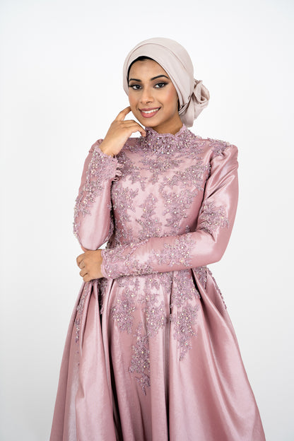 Dust Pink Islamic Muslim Arabian Wedding Dress with Long Sleeves Crew Neck