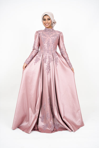 Dust Pink Islamic Muslim Arabian Wedding Dress with Long Sleeves Crew Neck