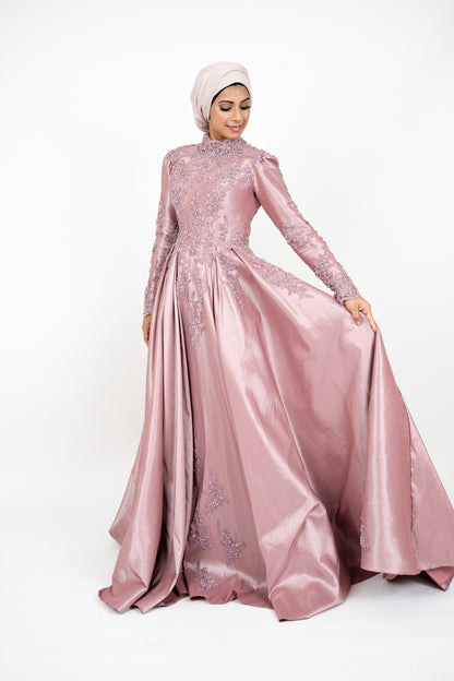 Dust Pink Islamic Muslim Arabian Wedding Dress with Long Sleeves Crew Neck