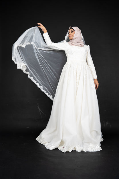 Modest Muslim Wedding Dress Applique Sequins Bead Long Sleeve Lace High Neck Bridal Gown