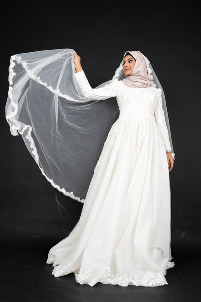 Modest Muslim Wedding Dress Applique Sequins Bead Long Sleeve Lace High Neck Bridal Gown