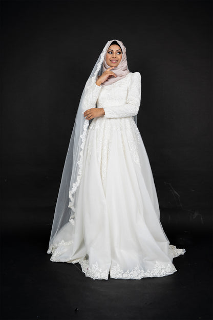 Modest Muslim Wedding Dress Applique Sequins Bead Long Sleeve Lace High Neck Bridal Gown