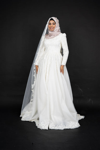 Modest Muslim Wedding Dress Applique Sequins Bead Long Sleeve Lace High Neck Bridal Gown